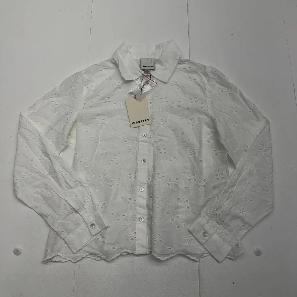 Industry Button Up Shirt Womens S White Collared Long Sleeve Floral Eyelet Lace - Picture 1 of 7
